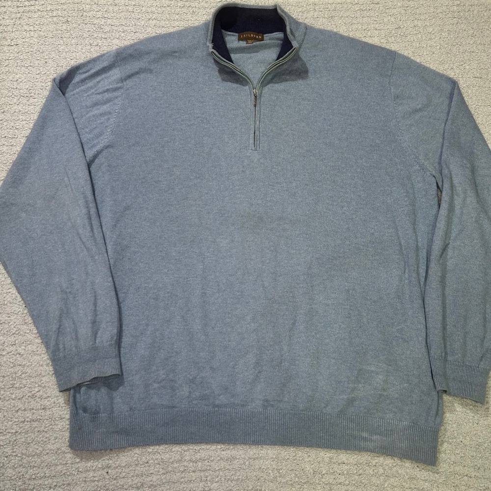 J.Hilburn‎ Sweater Quarter-Zip XL Blue Cotton Silk Cashmere Luxury Preppy Casual